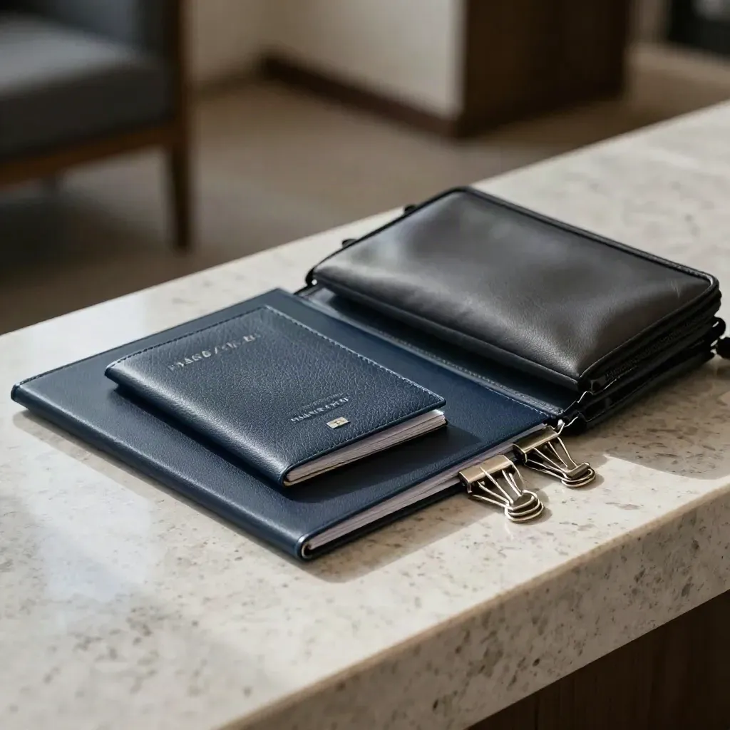 Kit per visto lavoro con cartella, portapassaporto e fermagli su console in pietra.