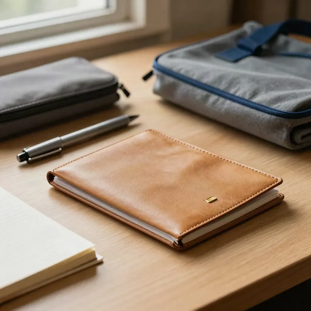 Kit per visto студente su tavolo di biblioteca con cover passaporto, sleeve, quaderno e astuccio