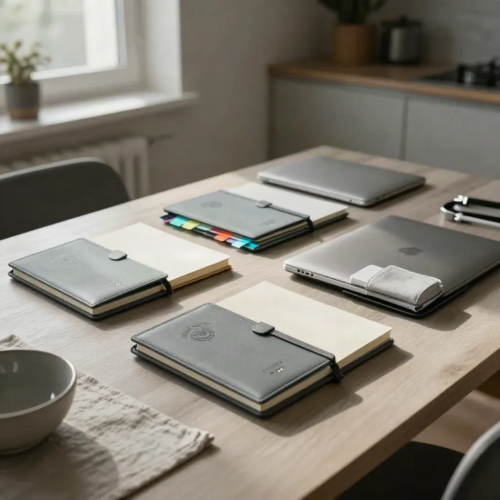 Tre kit studio per Madrid su tavolo cucina, con laptop chiusi, passaporti e cartelle coordinate.