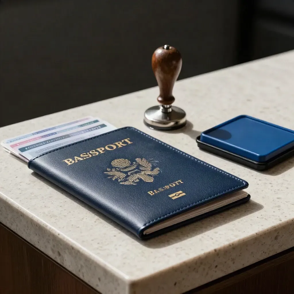 Kit per visti su travertino con timbri, divisori paese, portaldocumenti e tampone blu.
