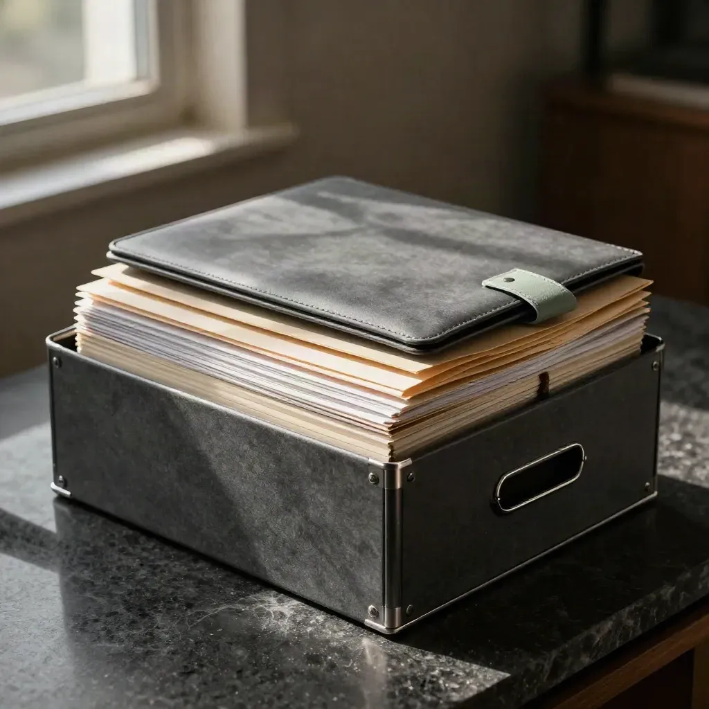 Dossier visti con cartelle, custodia laptop e pouch su pietra scura
